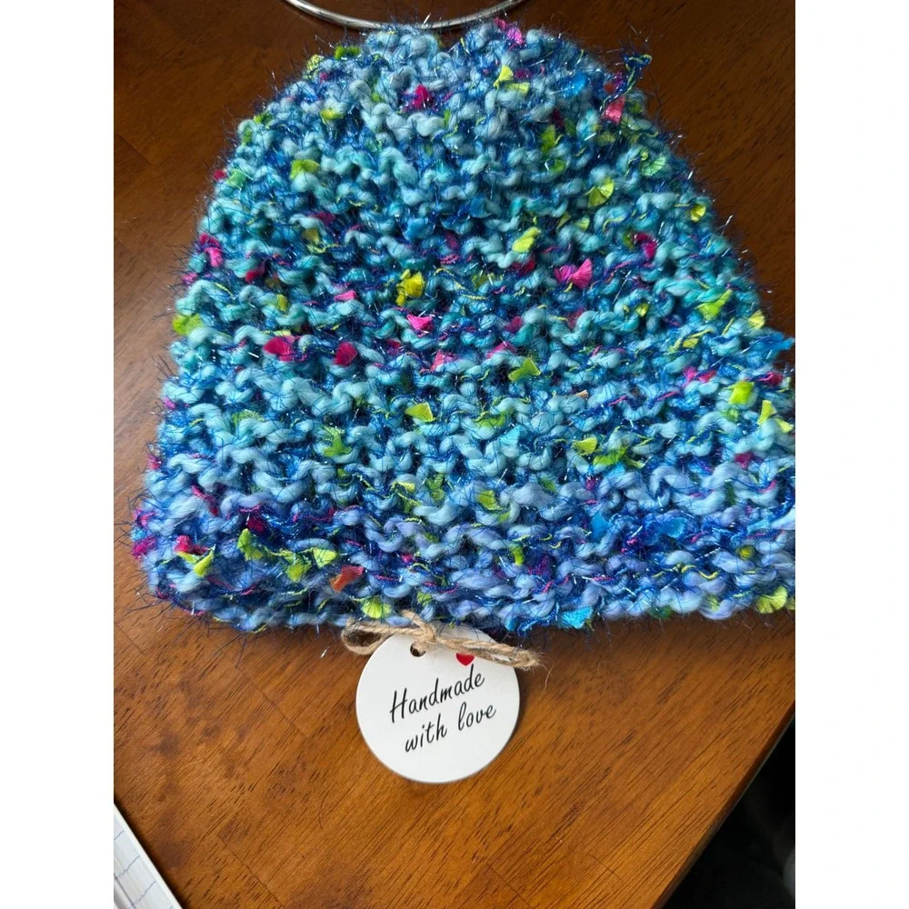 Handmade Beanie Hat‎ Womens OS Blue Multi Color New Chunky Knit Tinsel Shimmer
